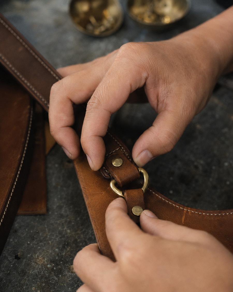Leather hardware assembly by hand